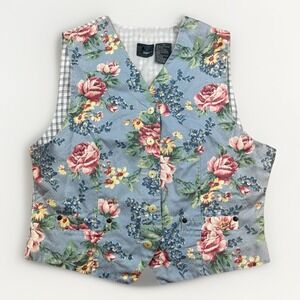 Vintage Lizwear Vest Women Size Medium Petite Floral Spring Plaid Back Retro